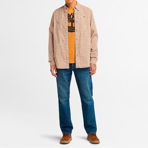 Outdoors Timberland Men's Plaid  Button-Up Long Sleeve Fall Shirt Orange & Tan M